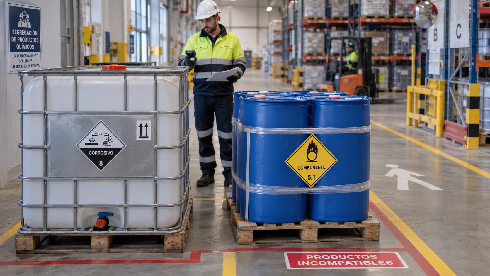 Envases de productos químicos incompatibles con pictogramas distintos separados en una zona de manipulación